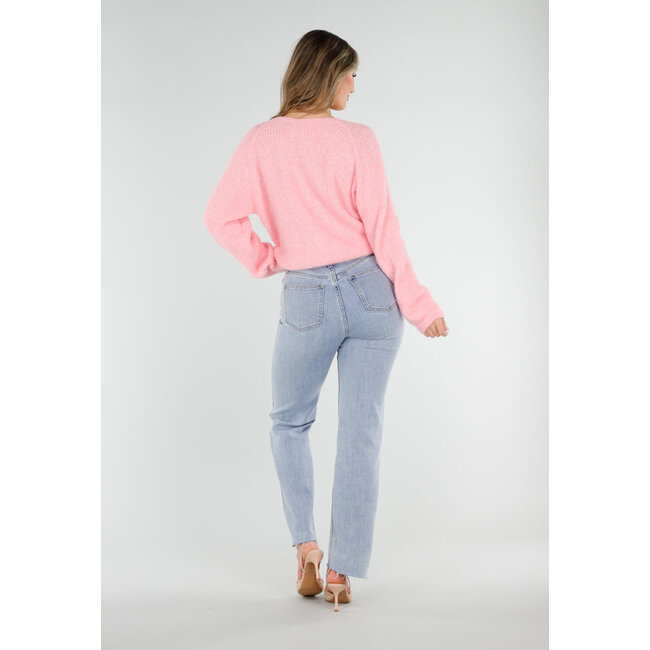 Rosa gestrickter Twist-Pullover mit V-Ausschnitt und offenem Rücken
