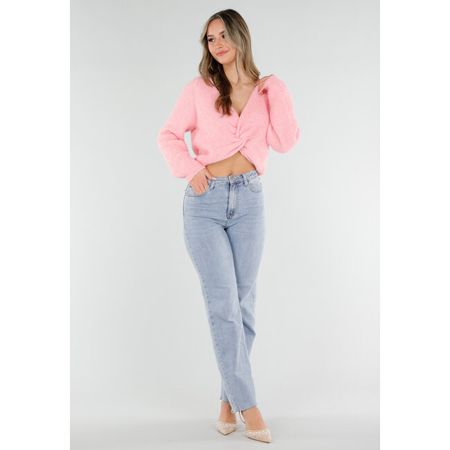 Rosa gestrickter Twist-Pullover mit V-Ausschnitt und offenem Rücken