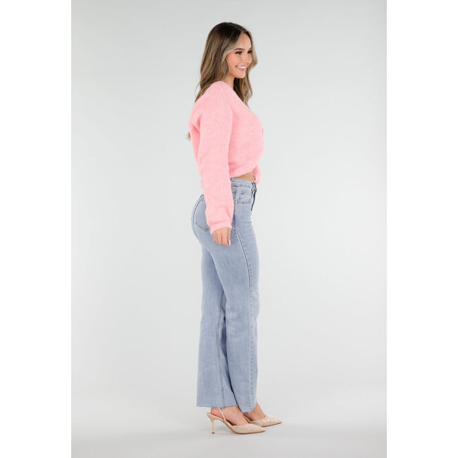 Rosa gestrickter Twist-Pullover mit V-Ausschnitt und offenem Rücken