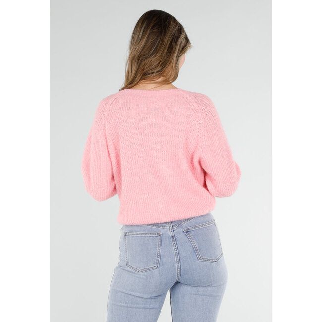 Rosa gestrickter Twist-Pullover mit V-Ausschnitt und offenem Rücken