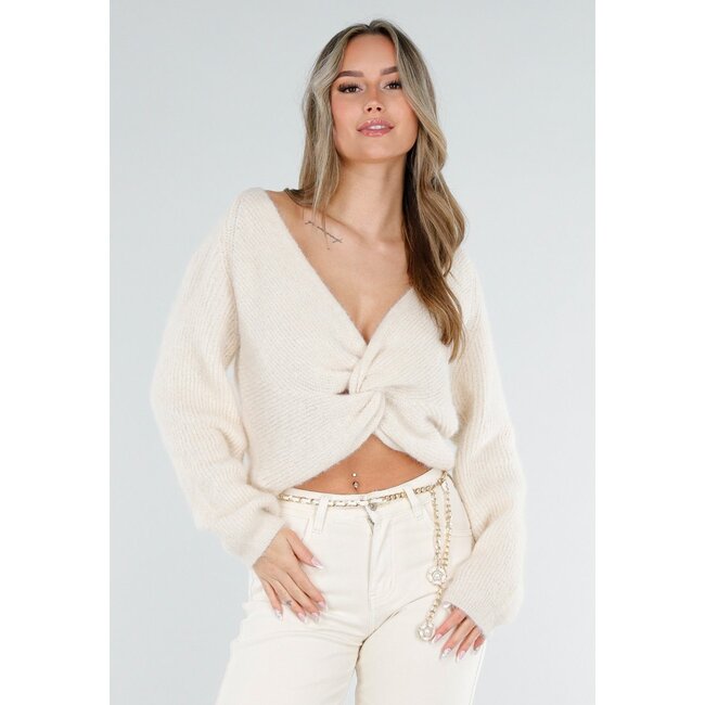 Beigefarbener, gestrickter Twist-Crop-Pullover mit langen Ärmeln und V-Ausschnitt