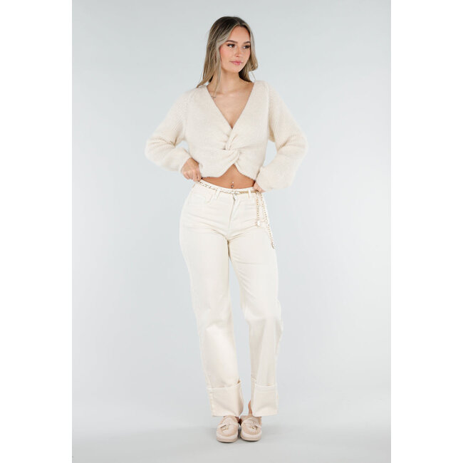 Beigefarbener, gestrickter Twist-Crop-Pullover mit langen Ärmeln und V-Ausschnitt
