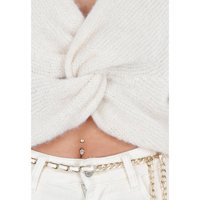 Beigefarbener, gestrickter Twist-Crop-Pullover mit langen Ärmeln und V-Ausschnitt