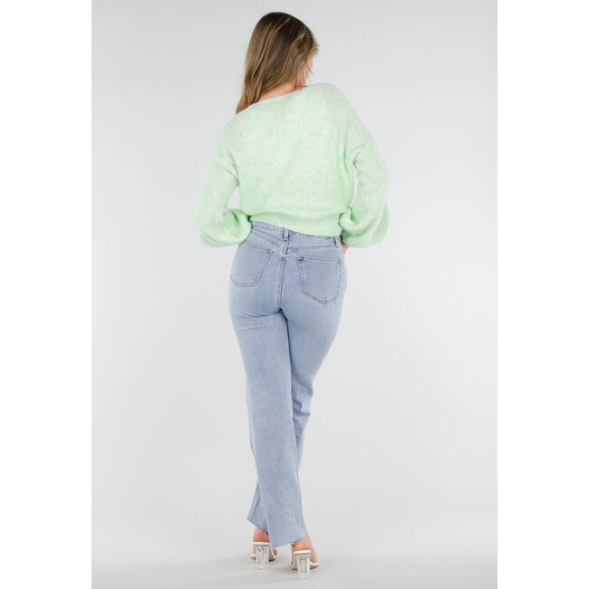 Mintgrüner Wollwickelpullover mit langen Ballonärmeln