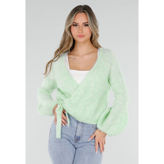 Mintgrüner Wollwickelpullover mit langen Ballonärmeln