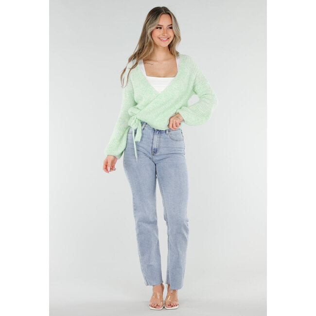 Mintgrüner Wollwickelpullover mit langen Ballonärmeln