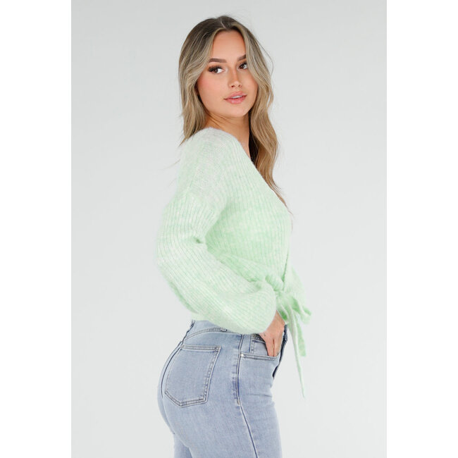 Mintgrüner Wollwickelpullover mit langen Ballonärmeln