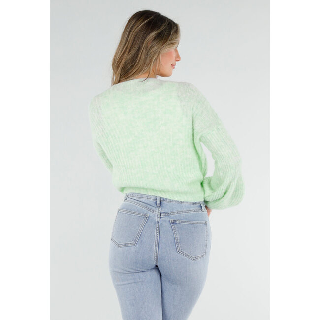 Mintgrüner Wollwickelpullover mit langen Ballonärmeln