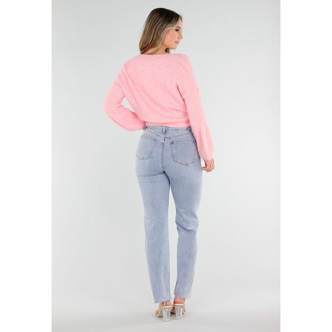 Rosa, fein gestrickte Wickeljacke mit Schleifendetail und Ballonärmeln