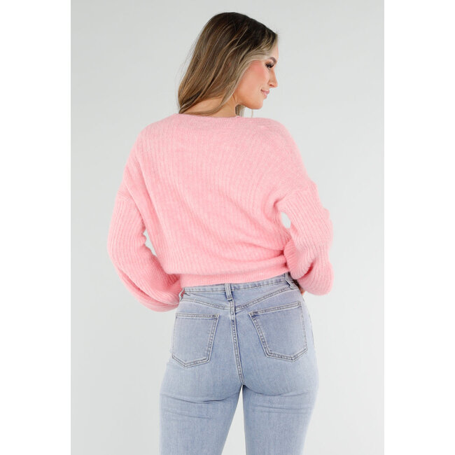 Rosa, fein gestrickte Wickeljacke mit Schleifendetail und Ballonärmeln