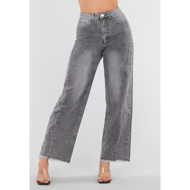 Graue High Waist Straight Leg Jeans mit ausgefranstem Saum