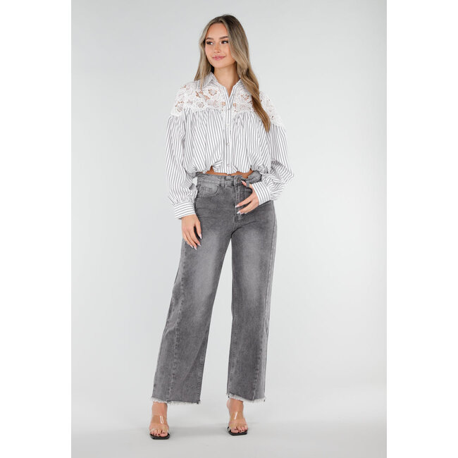 Graue High Waist Straight Leg Jeans mit ausgefranstem Saum