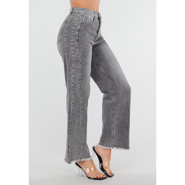 Graue High Waist Straight Leg Jeans mit ausgefranstem Saum