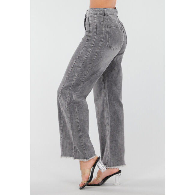 Graue High Waist Straight Leg Jeans mit ausgefranstem Saum
