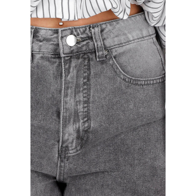 Graue High Waist Straight Leg Jeans mit ausgefranstem Saum