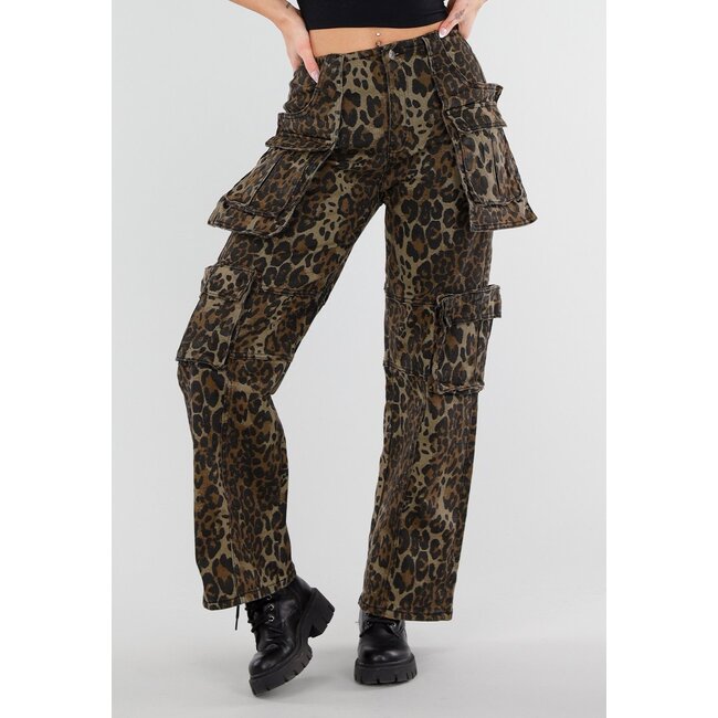 Leopard Print Denim Cargo Hose mit Stretch und Taschen