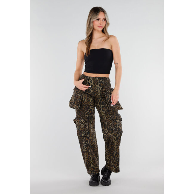 Leopard Print Denim Cargo Hose mit Stretch und Taschen