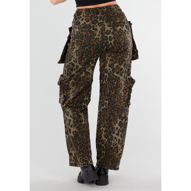 Leopard Print Denim Cargo Hose mit Stretch und Taschen