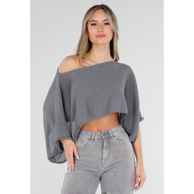 Graues, locker sitzendes, kurzes Oberteil mit Fledermausärmeln