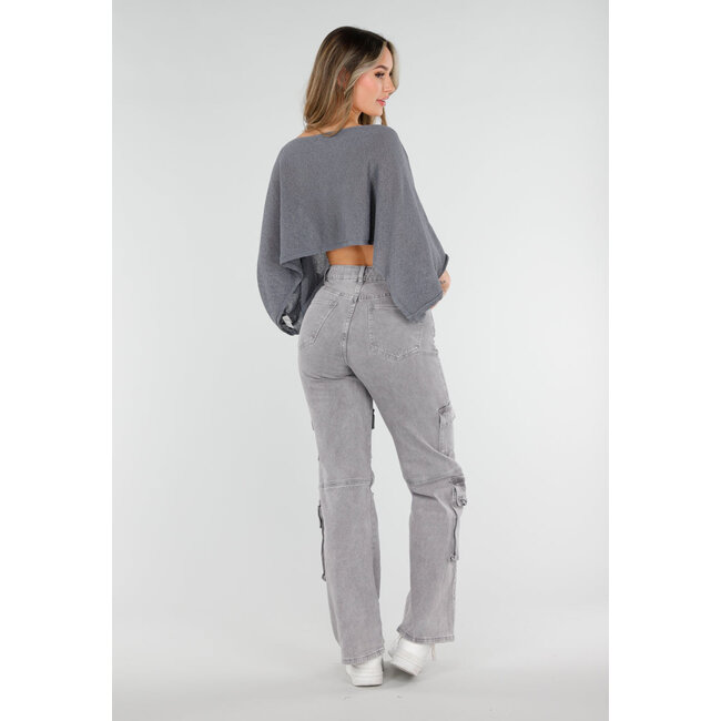 Graues, locker sitzendes, kurzes Oberteil mit Fledermausärmeln