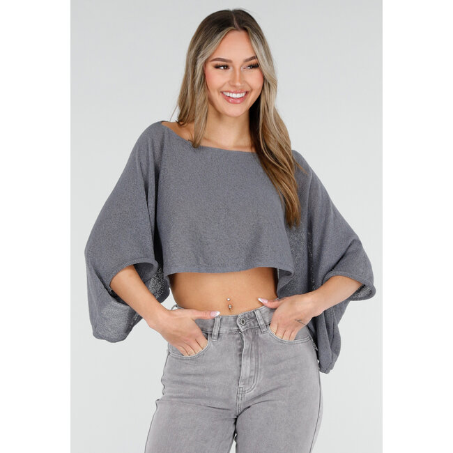 Graues, locker sitzendes, kurzes Oberteil mit Fledermausärmeln