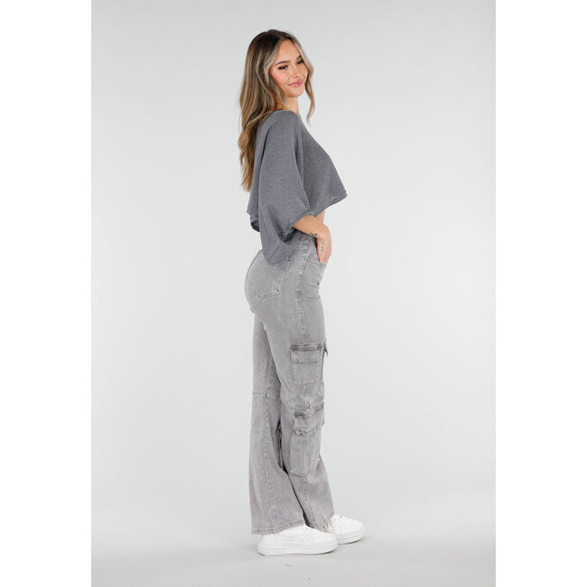 Graues, locker sitzendes, kurzes Oberteil mit Fledermausärmeln