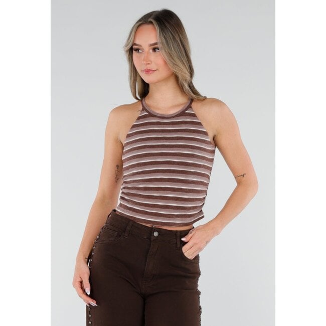 Braunes gestreiftes Neckholder-Crop-Top mit Polstern