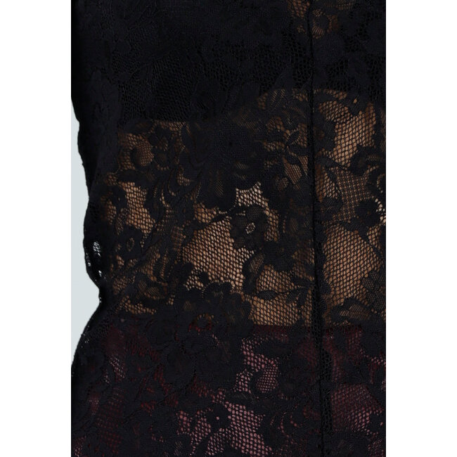 Schwarzes Spitzenoberteil mit langen Ärmeln und V-Ausschnitt