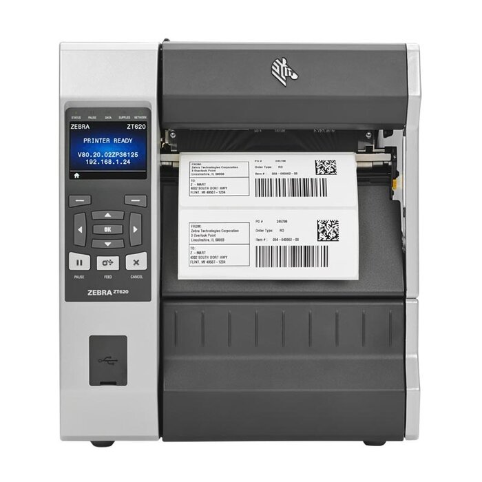 Zebra Zebra ZT620, 8 pts/mm (203 dpi), décolleur, ré-enrouleur, écran (couleur), RTC, ZPL, ZPLII, USB, RS232, BT, Ethernet, Bluetooth