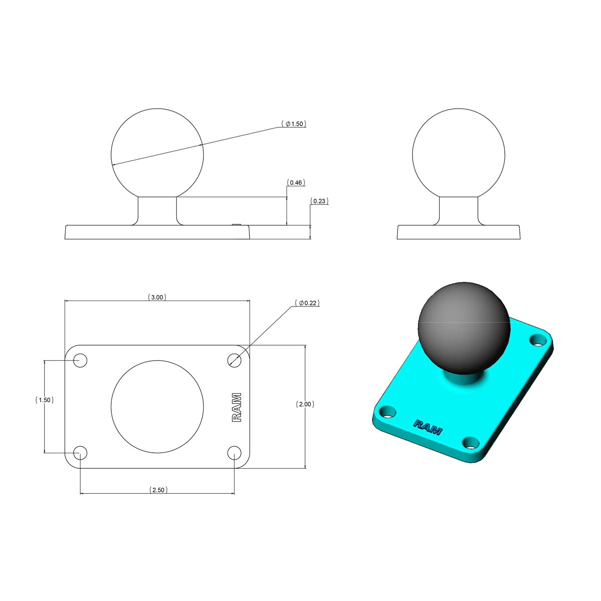 RAM MOUNT Placa base rectangular de montaje RAM | RAM-202U-23