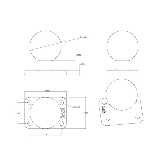 RAM MOUNT Placa base rectangular de montaje RAM | RAM-202U-152