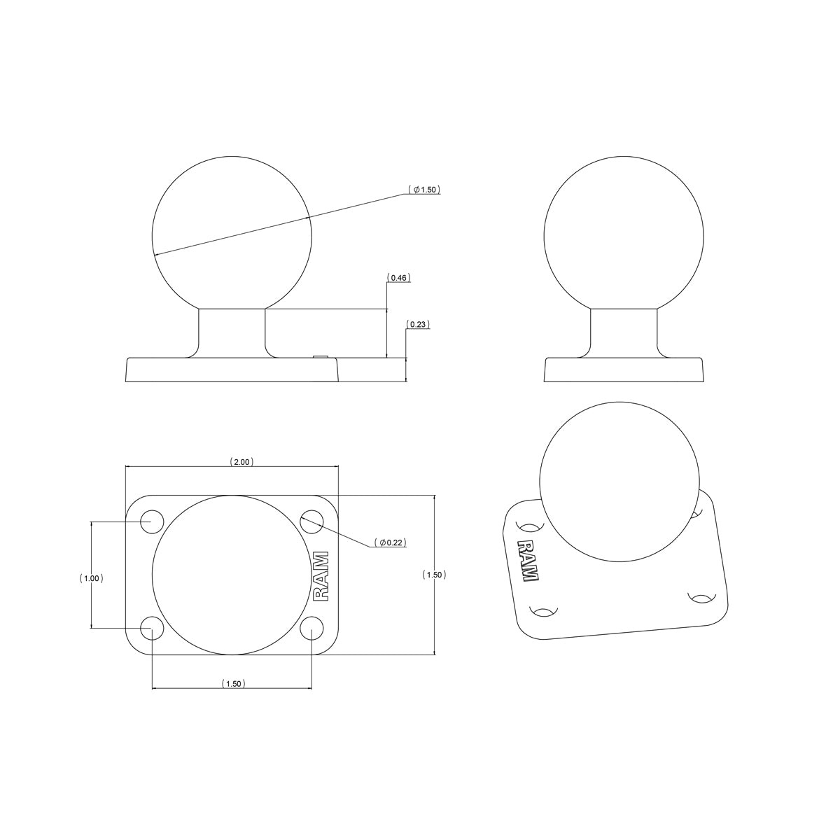 RAM MOUNT RAM Mounts rechteckige Grundplatte | RAM-202U-152