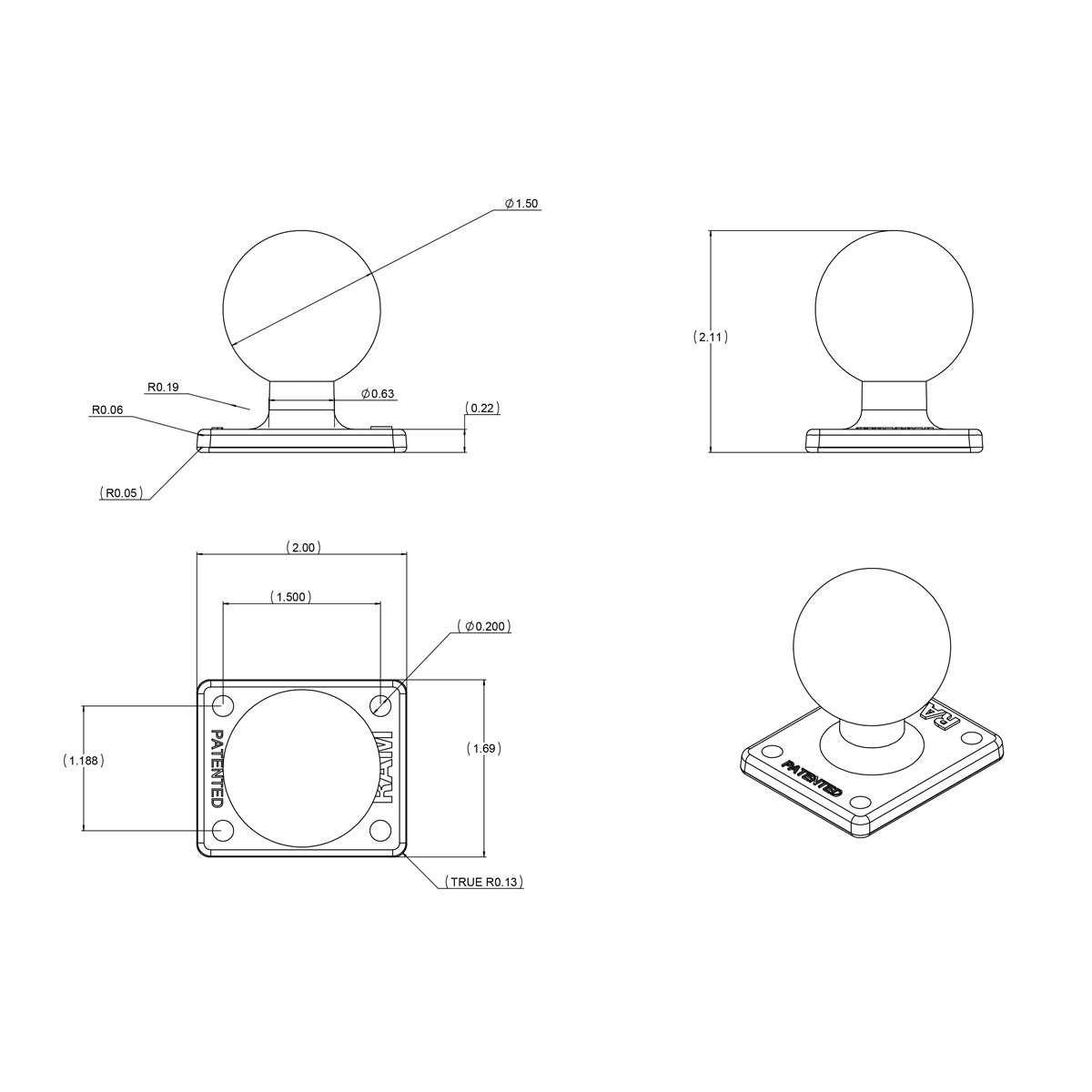 RAM MOUNT Placa base rectangular para montaje RAM | RAM-347U