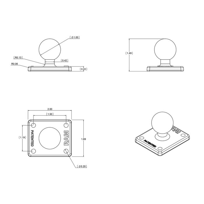 RAM MOUNT RAM Mounts Plaque de base rectangulaire | RAM-B-347U