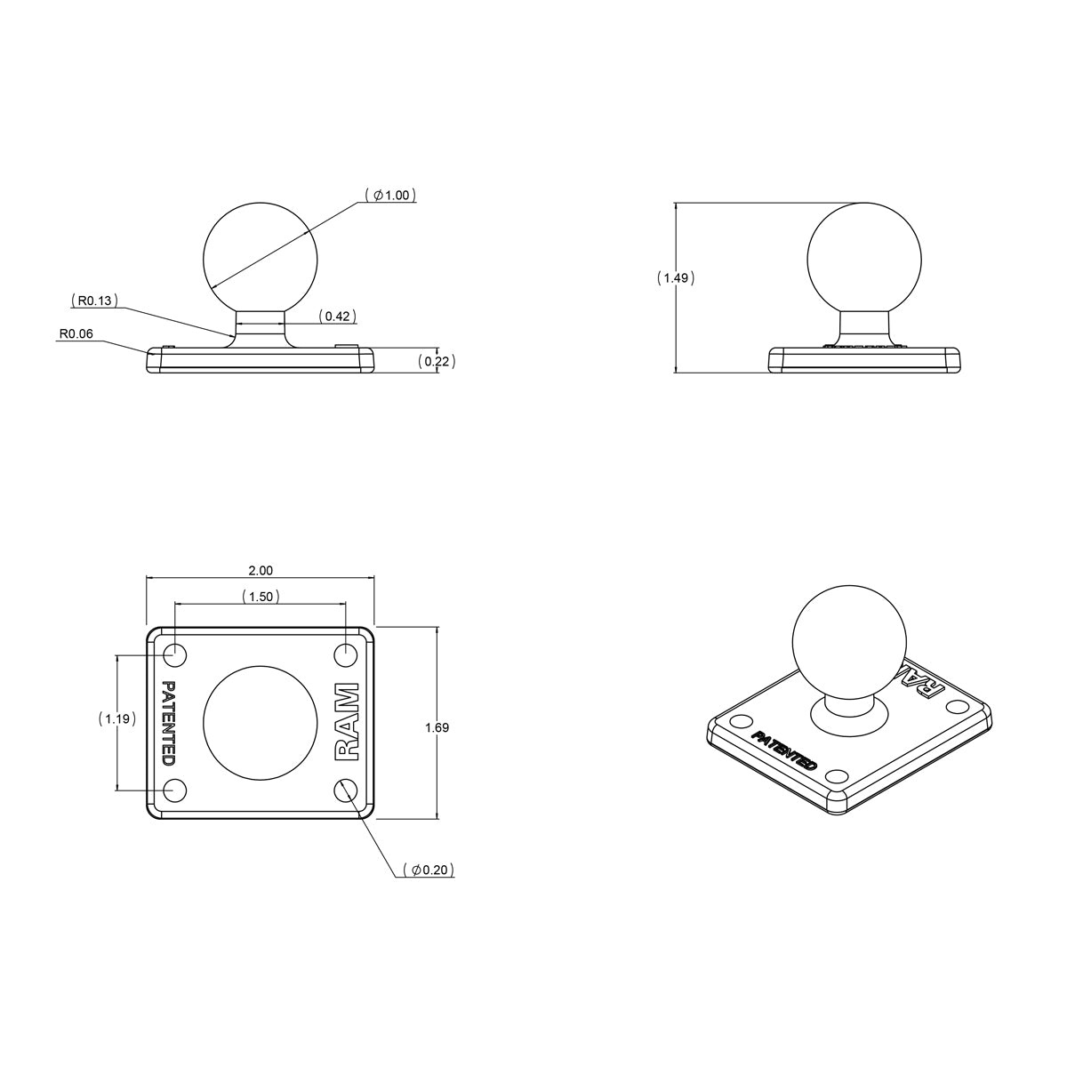 RAM MOUNT Placa base rectangular para montaje RAM | RAM-B-347U