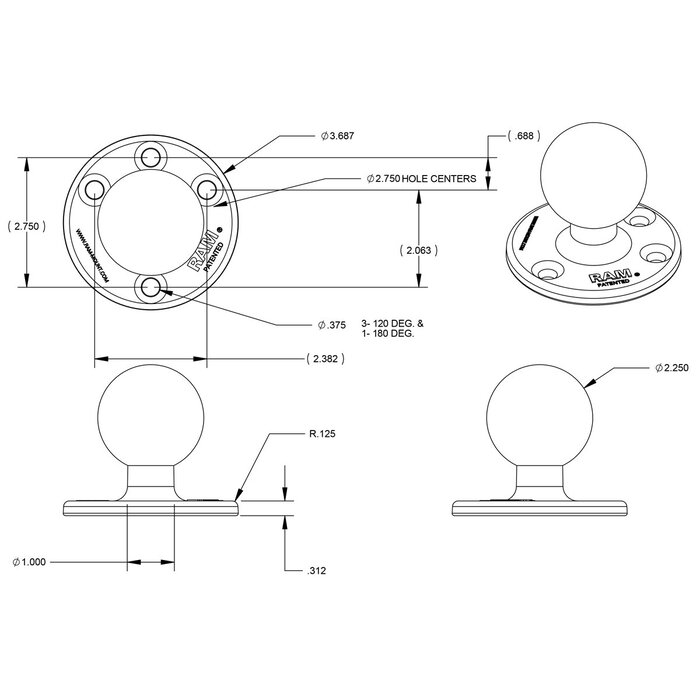 RAM MOUNT Placa base redonda para montaje RAM | RAM-D-202U