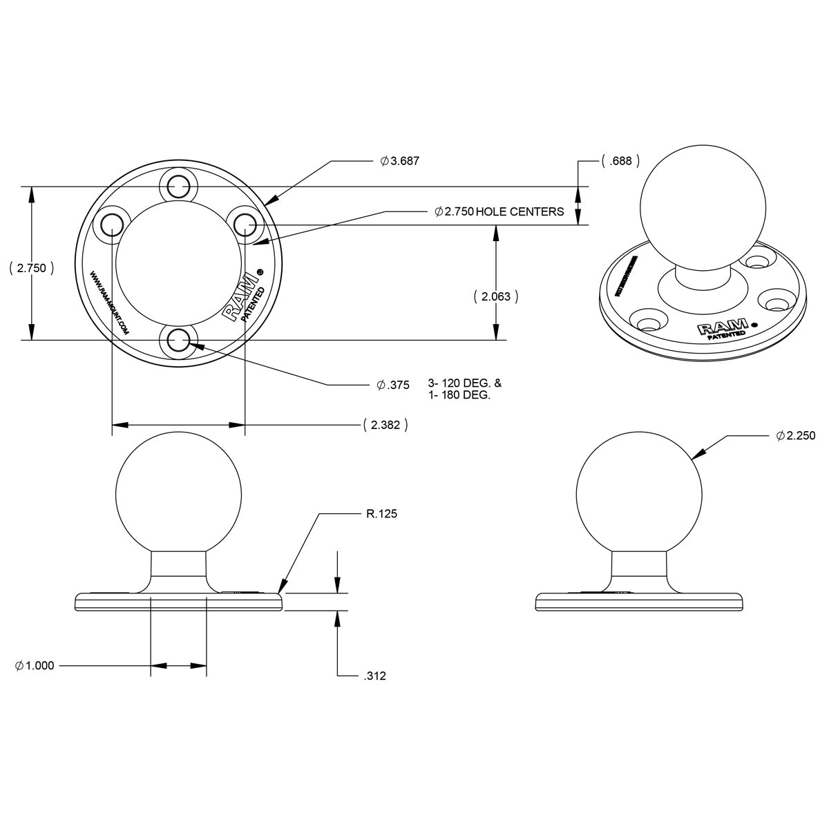 RAM MOUNT Placa base redonda para montaje RAM | RAM-D-202U