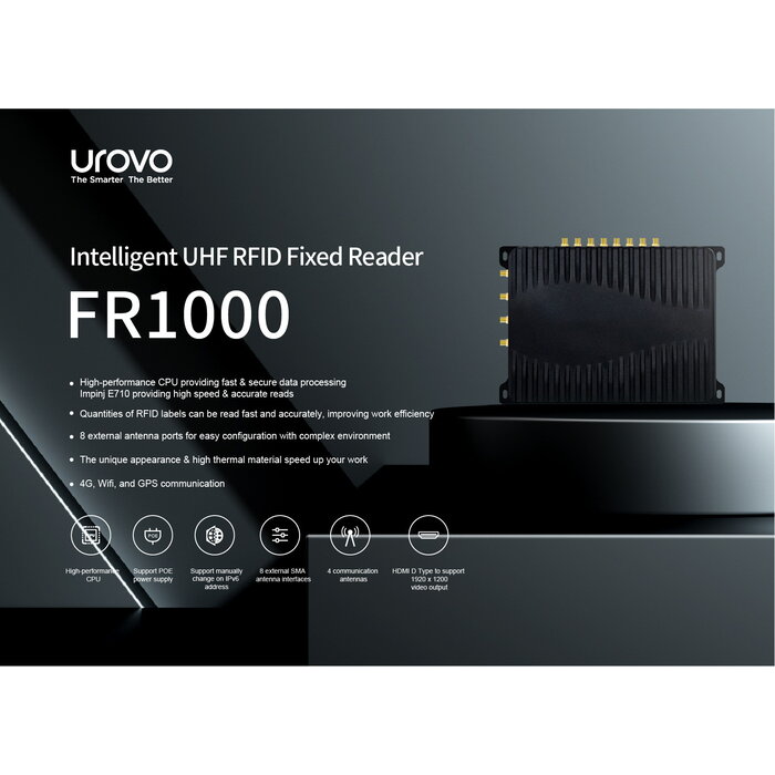 Urovo FR1000, FR1000, lector RFID fijo programable, Impinj E710. Antenas UHF y cables coaxiales no incluidos.