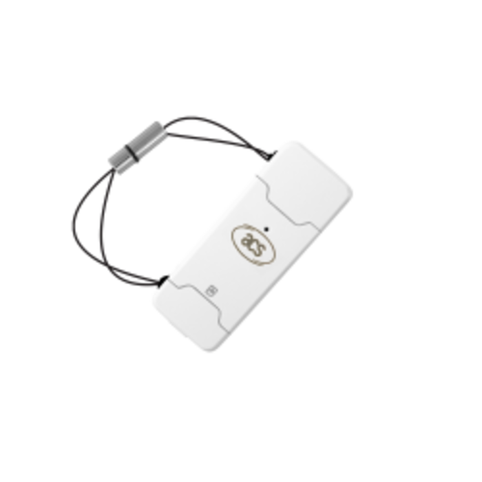 ACS ACS ACR40T-A6 USB Type-A SIM Smart Card Reader, a built-in application button and an included loop