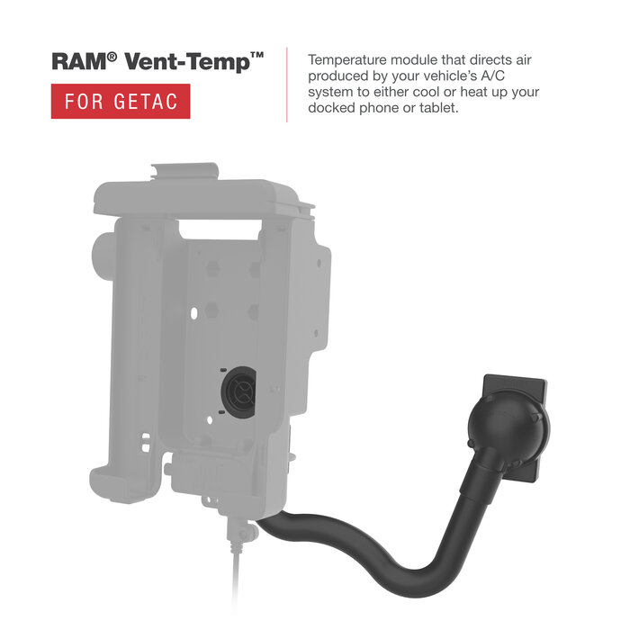 RAM-HOL-GE3FU - Deze RAM Mounts Form-Fit houder is geschikt voor de robuuste Getac ZX70 tablet. Dankzij de uitsparingen bij de knoppen en poorten kunt u deze probleemloos blijven gebruiken. De RAM Vent-Temp kan de ventilatieopeningen van het voertuig gebr