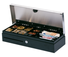 METAPACE CD-JTK3-M24-861-SF-9005 - kassalade, bovenopening, afmetingen (BxHxD): 460x100x170mm, 6 biljetvakken (verticaal), 8 muntvakken, 3-polig slot, verschillende vergrendelingen, directe printeraansluiting, RJ12, kleur: zilver/zwart