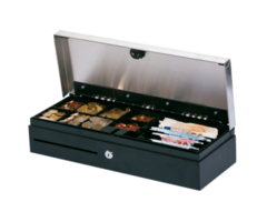 METAPACE cash drawer, top opening, dimensions (WxHxD): 460x100x170mm, 6 banknote compartments (vertical), 8 coin compartments, 3-pin lock, various locks