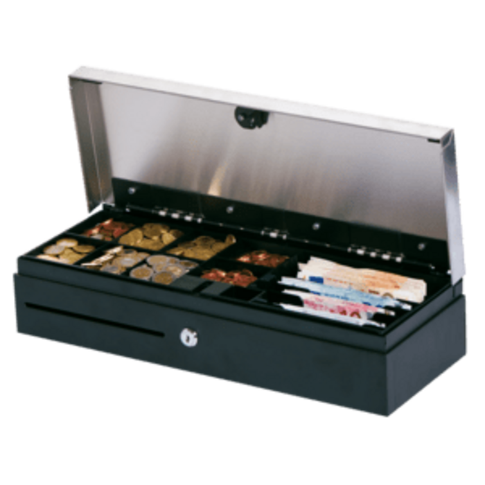 METAPACE CD-JTK3-M24-861-SF-9005 - Cajón portamonedas, apertura superior, dimensiones (An. x Al. x Pr.): 460 x 100 x 170 mm, 6 compartimentos para billetes (verticales), 8 compartimentos para monedas, cerradura de 3 pines, varias cerraduras, conexión directa a imp