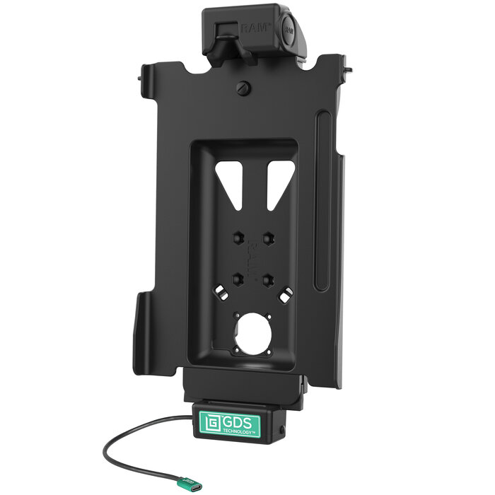 RAM-GDS-DOCK-SAM78CPU - Ce support RAM Mounts GDS Tough-Dock (à loquet) est compatible avec les tablettes Samsung Tab S7 FE (SM-T736B), S7+ (12,4" SM-T970), S8+, S9 FE+, S9+ et S10+ équipées d'une coque de protection IntelliSkin Next Gen. Alimenté par un