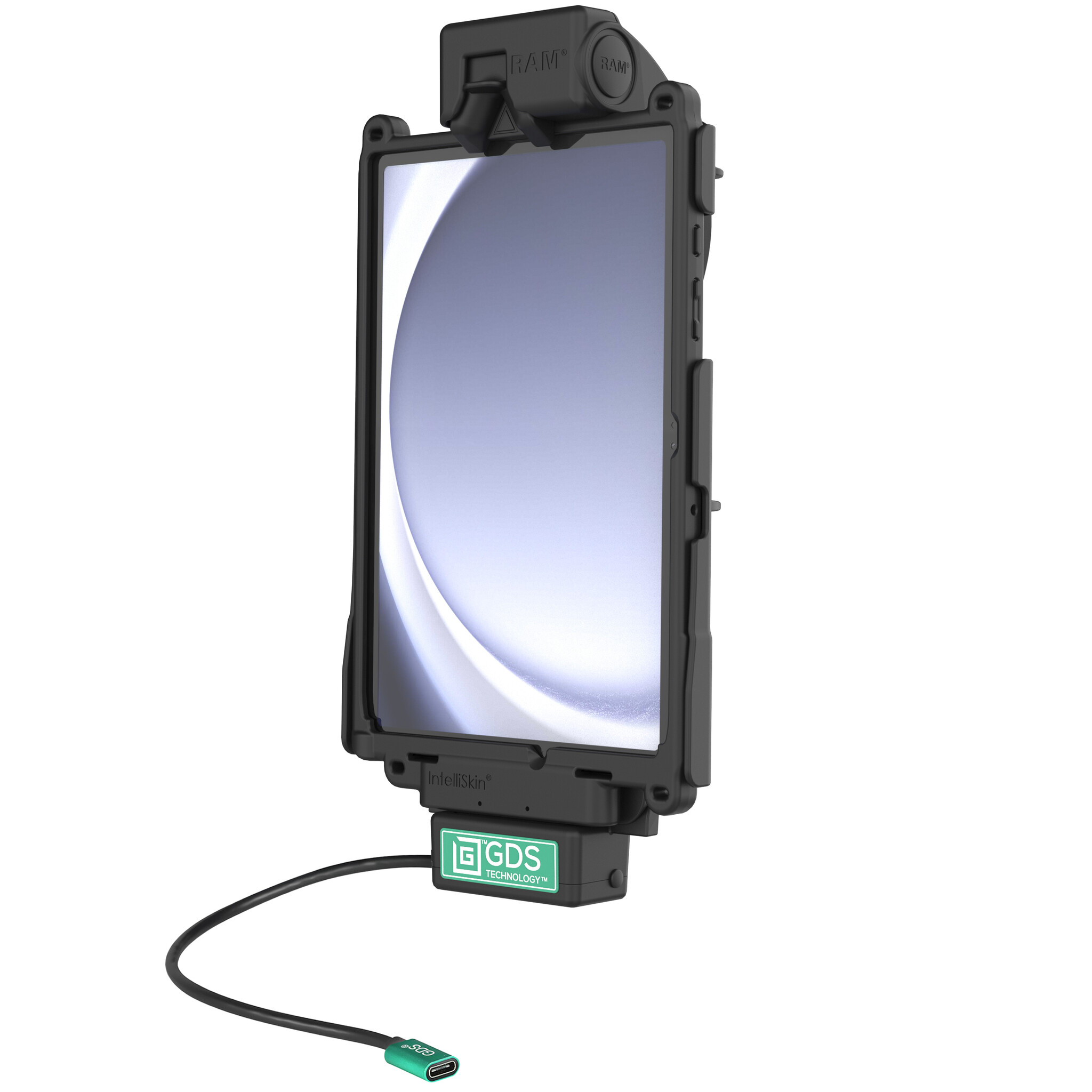 RAM MOUNT RAM-GDS-DOCK-SAM88CPU - Ce support RAM Mounts GDS Tough-Dock (à loquet) est compatible avec la tablette Samsung Tab A9+ équipée d'une coque de protection IntelliSkin Next Gen. Alimenté par un port USB-C, il recharge la tablette lorsqu'elle est installée.