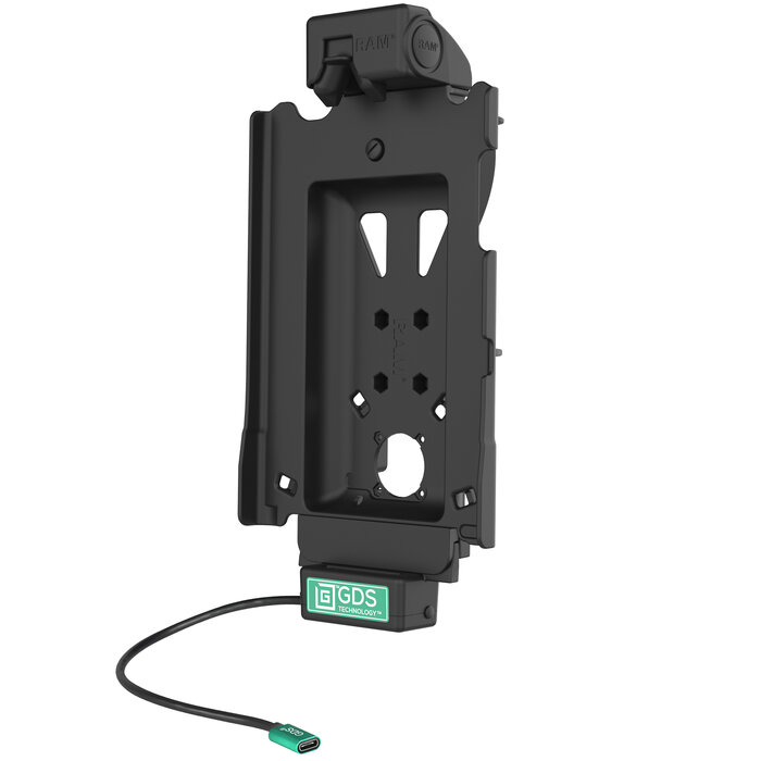 RAM MOUNT RAM-GDS-DOCK-SAM88CPU - Ce support RAM Mounts GDS Tough-Dock (à loquet) est compatible avec la tablette Samsung Tab A9+ équipée d'une coque de protection IntelliSkin Next Gen. Alimenté par un port USB-C, il recharge la tablette lorsqu'elle est installée.