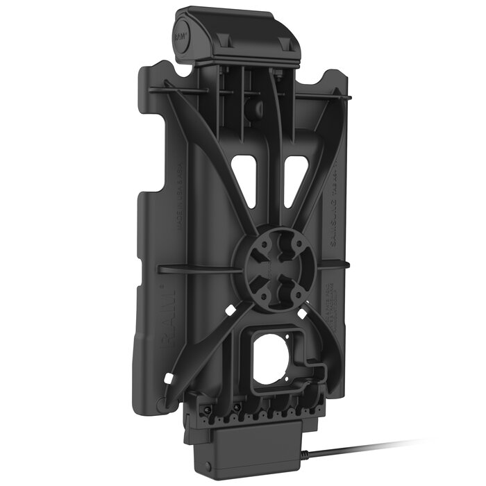 RAM-GDS-DOCK-SAM88CPU - Ce support RAM Mounts GDS Tough-Dock (à loquet) est compatible avec la tablette Samsung Tab A9+ équipée d'une coque de protection IntelliSkin Next Gen. Alimenté par un port USB-C, il recharge la tablette lorsqu'elle est installée.