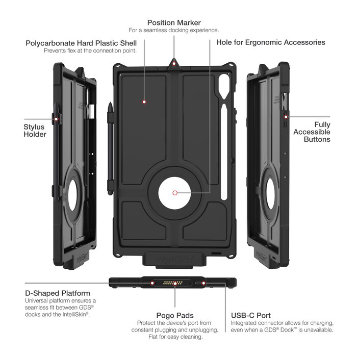 RAM-GDS-SKIN-SAM87-NG - Esta funda protectora RAM Mounts GDS IntelliSkin Next Gen está diseñada para las Samsung Galaxy Tab S10+, S9+ y S9 FE+, ofreciendo una protección fiable y una práctica función de carga. El conector GDS integrado se encuentra...
