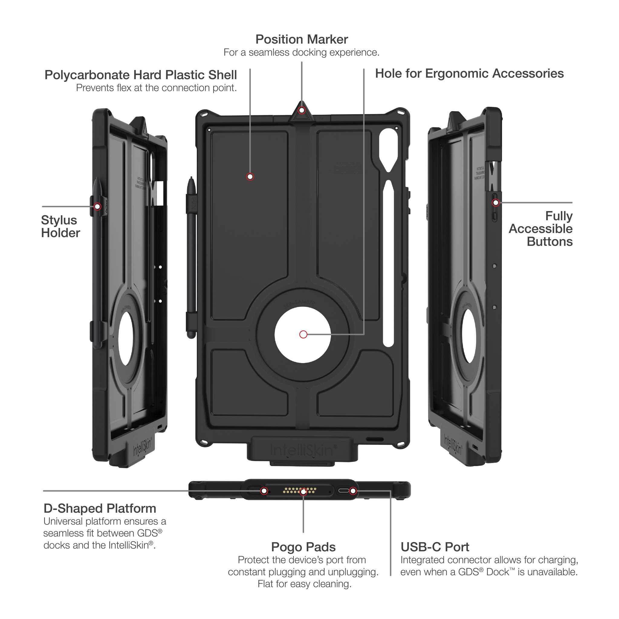 RAM MOUNT RAM-GDS-SKIN-SAM87-NG - Esta funda protectora RAM Mounts GDS IntelliSkin Next Gen está diseñada para las Samsung Galaxy Tab S10+, S9+ y S9 FE+, ofreciendo una protección fiable y una práctica función de carga. El conector GDS integrado se encuentra...