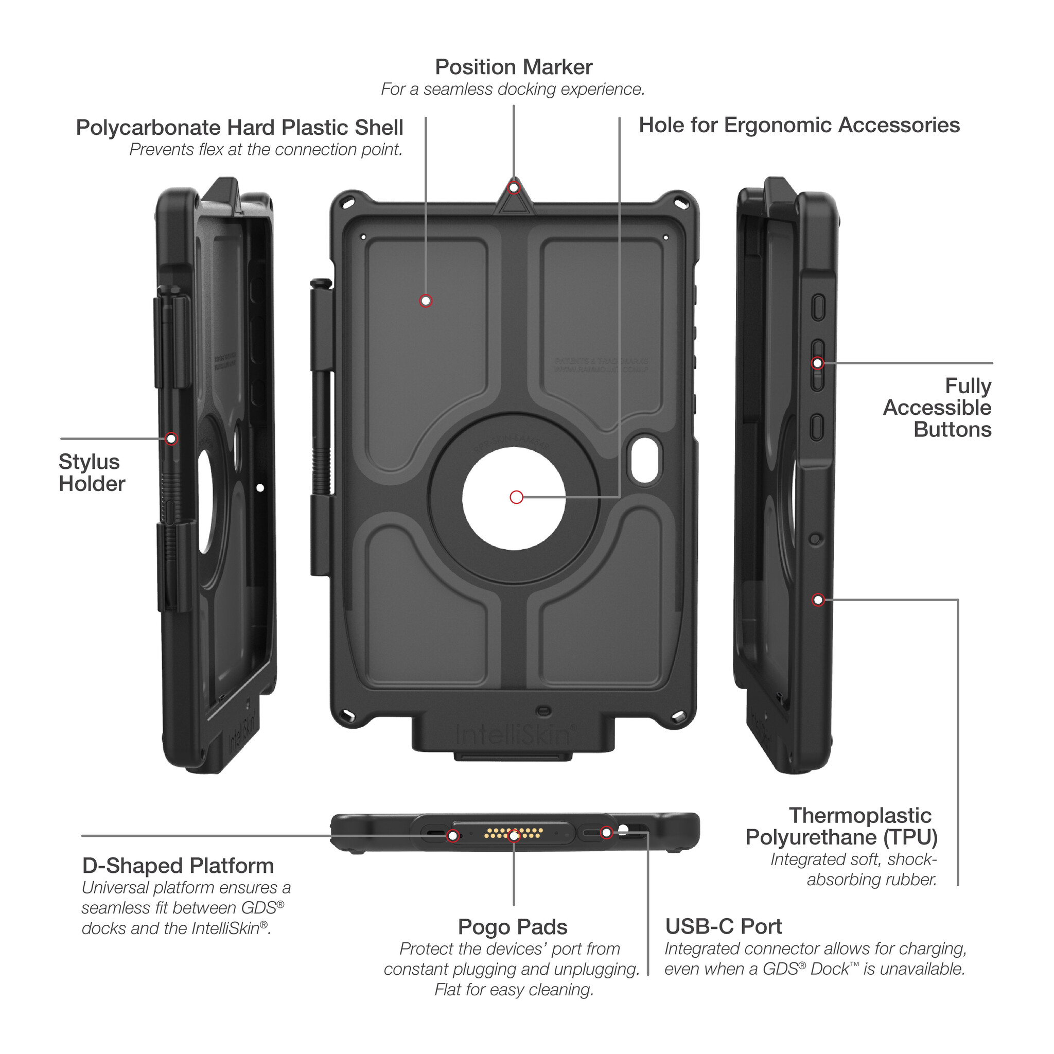RAM MOUNT RAM-GDS-SKIN-SAM54-NG-1 - This RAM Mounts GDS IntelliSkin Next Gen protective case is designed for the Samsung Galaxy Tab Active Pro, Active4 Pro and Active5 Pro and offers reliable protection combined with convenient charging functionality. The integrate